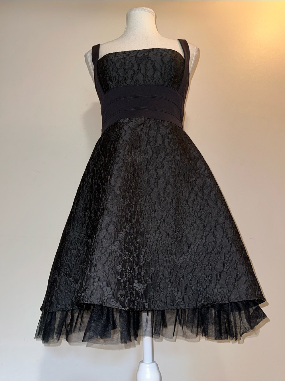 BCBGMaxAzria Black Lace Midi Dress with Tulle Hem